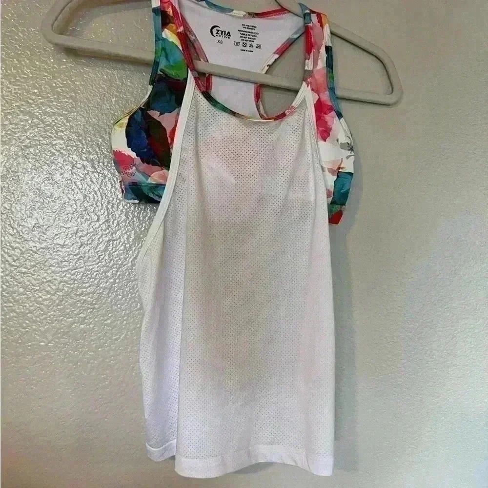 ZYIA Active Womens 2 in 1 Light N Tight Tank Top Size X-Small White Multi Floral